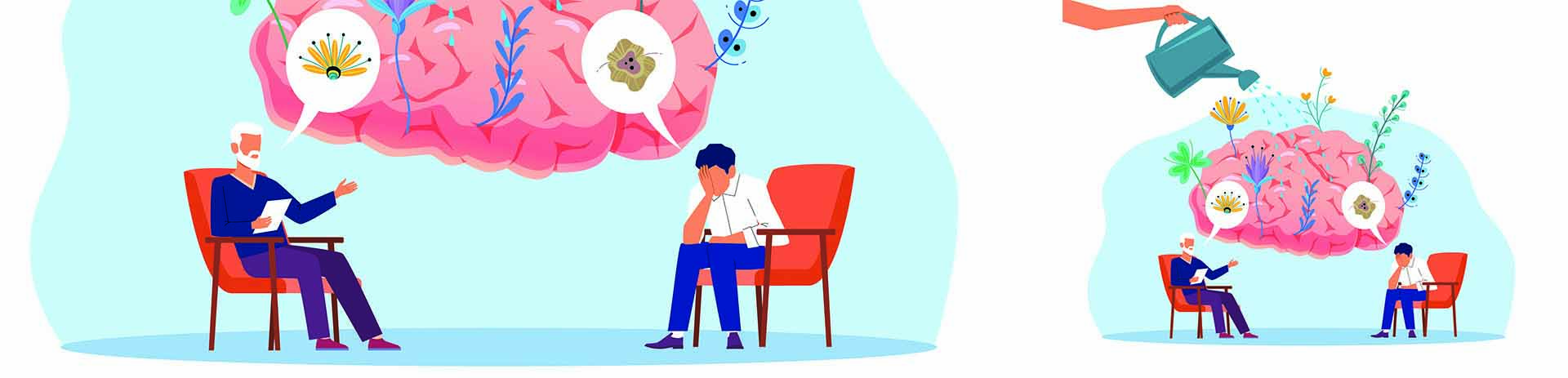 Comic style rendering of two men sitting in chairs talking to each other. A large brain sprouting flowers looms above them and above that is an arm holding a pitcher that is pouring water onto the brain.